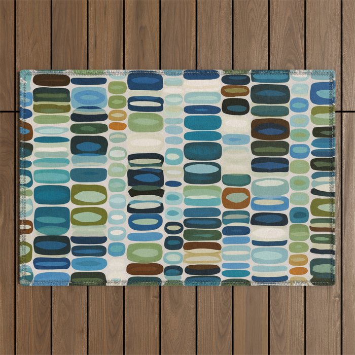 Mid Century Organic Pebble Pattern in Blue and Sage Outdoor Rug Gallery Image 1