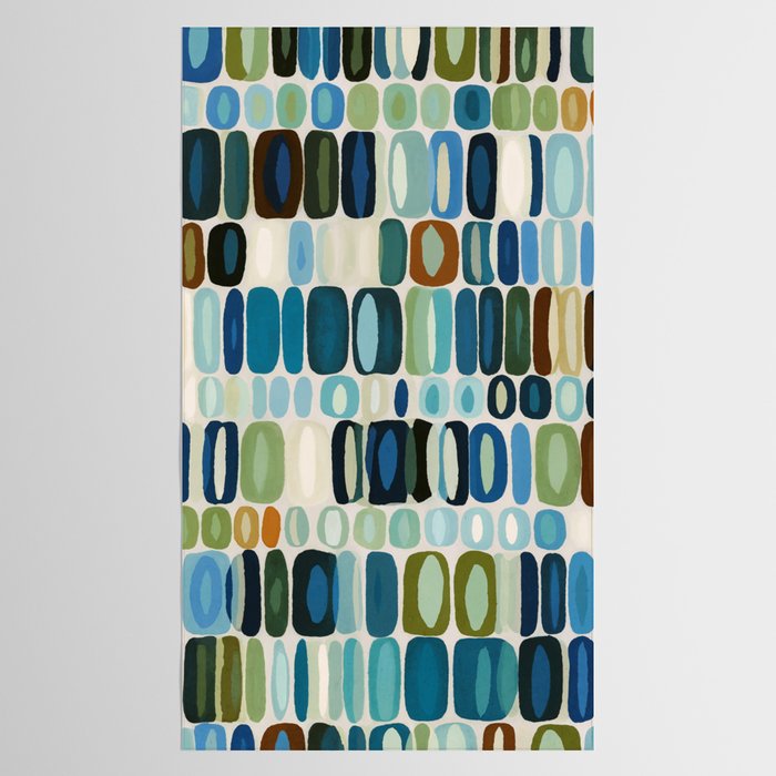Mid Century Organic Pebble Pattern in Blue and Sage Tablecloth Gallery Image 2