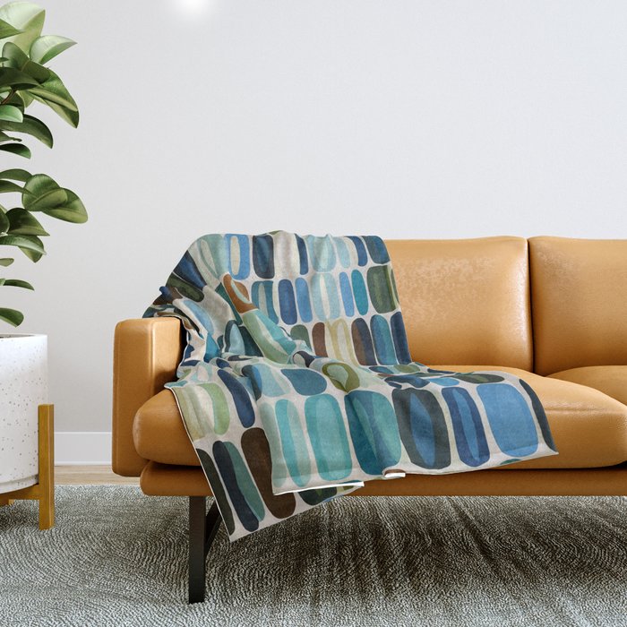 Mid Century Organic Pebble Pattern in Blue and Sage Throw Blanket Gallery Image 1
