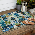 Mid Century Organic Pebble Pattern in Blue and Sage Outdoor Rug Gallery Image 2