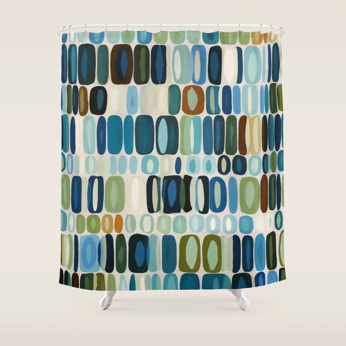 Mid Century Organic Pebble Pattern in Blue and Sage Shower Curtain Gallery Image 1