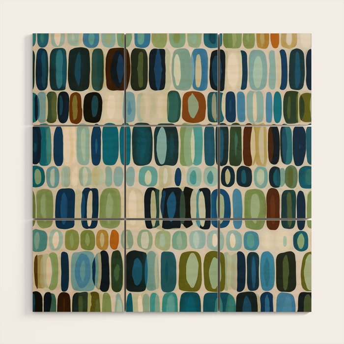 Mid Century Organic Pebble Pattern in Blue and Sage Wood Wall Art Gallery Image 1
