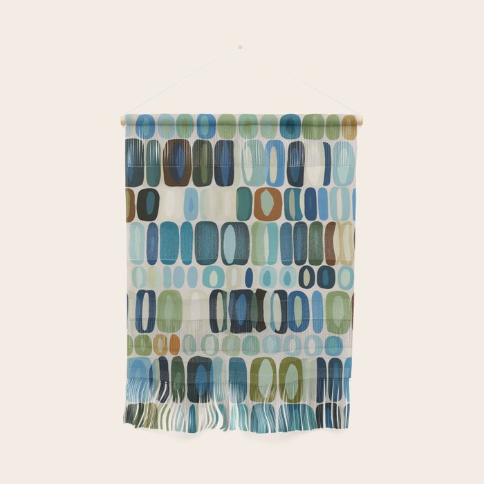 Mid Century Organic Pebble Pattern in Blue and Sage Wall Hanging Gallery Image 1
