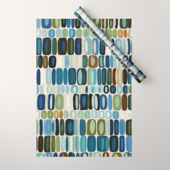 Mid Century Organic Pebble Pattern in Blue and Sage Wrapping Paper Gallery Image 1