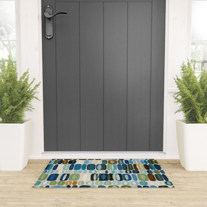 Mid Century Organic Pebble Pattern in Blue and Sage Welcome Mat Gallery Image 3