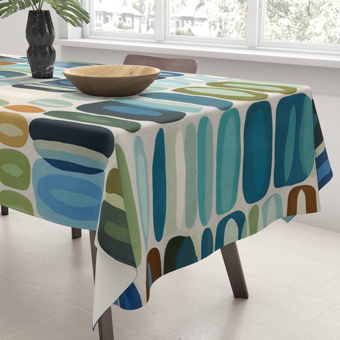 Mid Century Organic Pebble Pattern in Blue and Sage Tablecloth Gallery Image 3