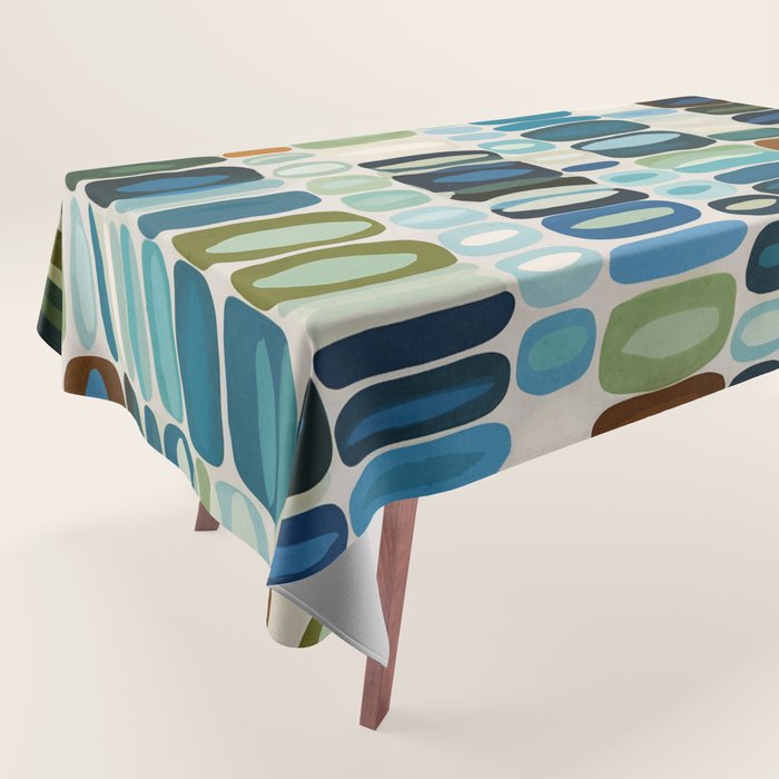 Mid Century Organic Pebble Pattern in Blue and Sage Tablecloth Gallery Image 1