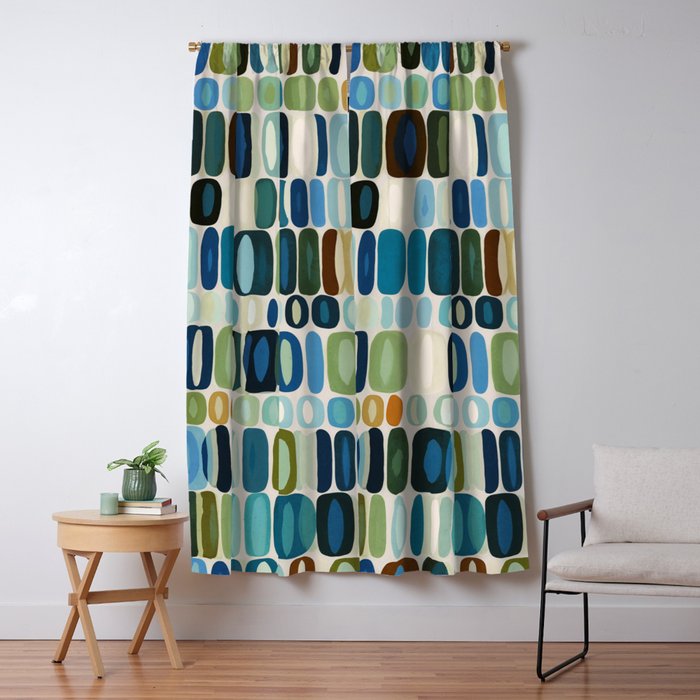 Mid Century Organic Pebble Pattern in Blue and Sage Window Curtain Gallery Image 5