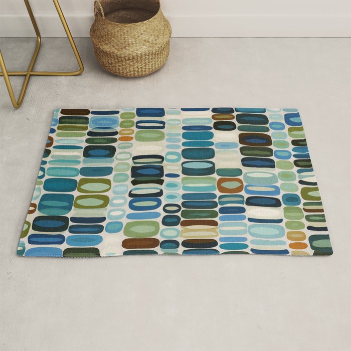 Mid Century Organic Pebble Pattern in Blue and Sage Rug Gallery Image 1