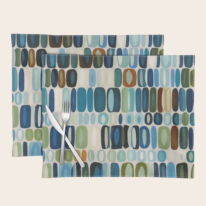 Mid Century Organic Pebble Pattern in Blue and Sage Placemat Gallery Image 1