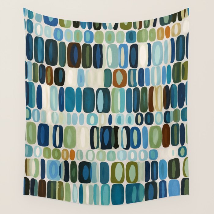 Mid Century Organic Pebble Pattern in Blue and Sage Wall Tapestry Gallery Image 1