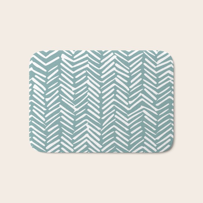 Herringbone, Teal, Boho Art Bath Mat Gallery Image 1