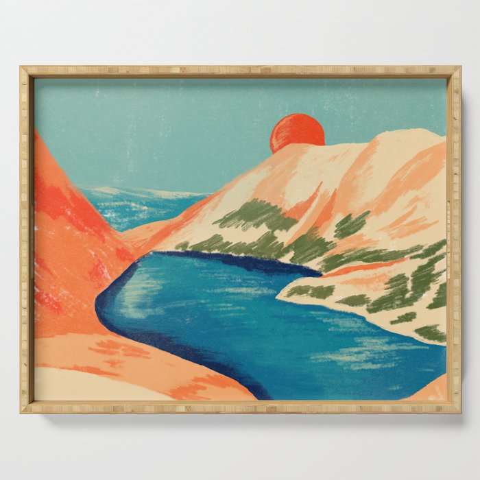 Serene River Flowing Through Majestic Mountains Serving Tray Gallery Image 1