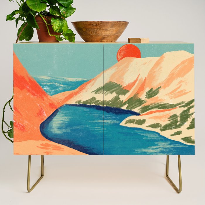 Serene River Flowing Through Majestic Mountains Credenza Gallery Image 1