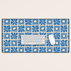 Abstract blue retro flower art pattern Desk Mat Gallery Image 1