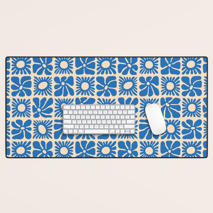 Abstract blue retro flower art pattern Desk Mat Gallery Image 1