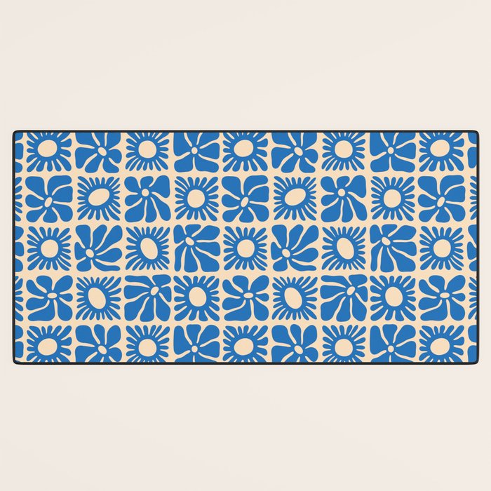 Abstract blue retro flower art pattern Desk Mat Gallery Image 3