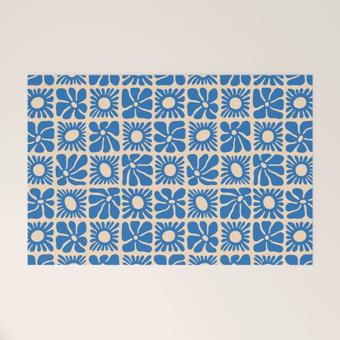Abstract blue retro flower art pattern Welcome Mat Gallery Image 1