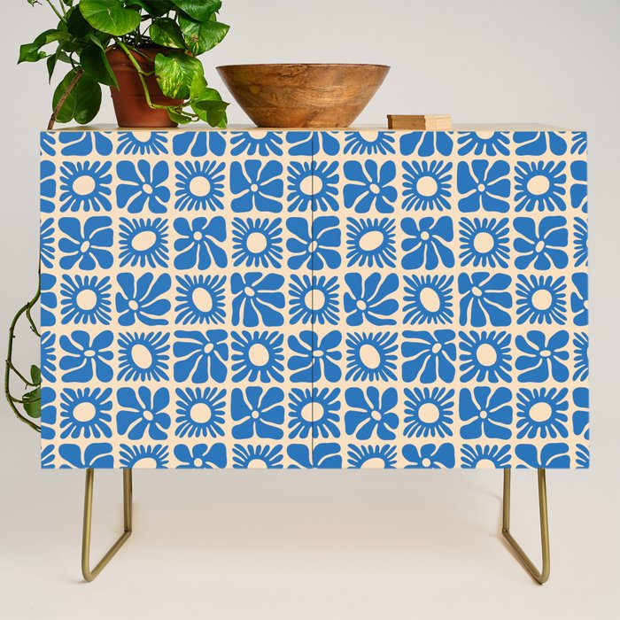 Abstract blue retro flower art pattern Credenza Gallery Image 1