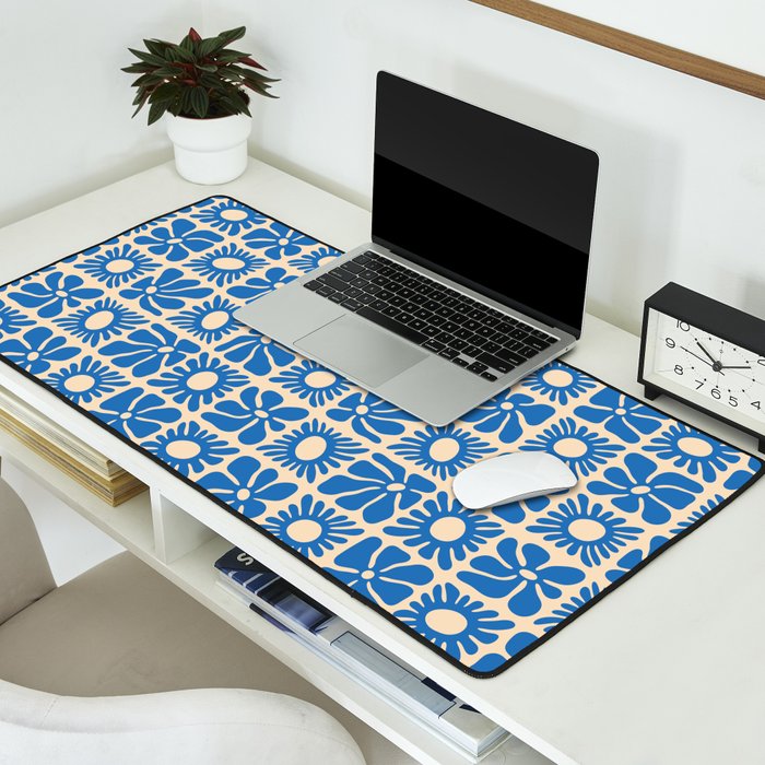 Abstract blue retro flower art pattern Desk Mat Gallery Image 2