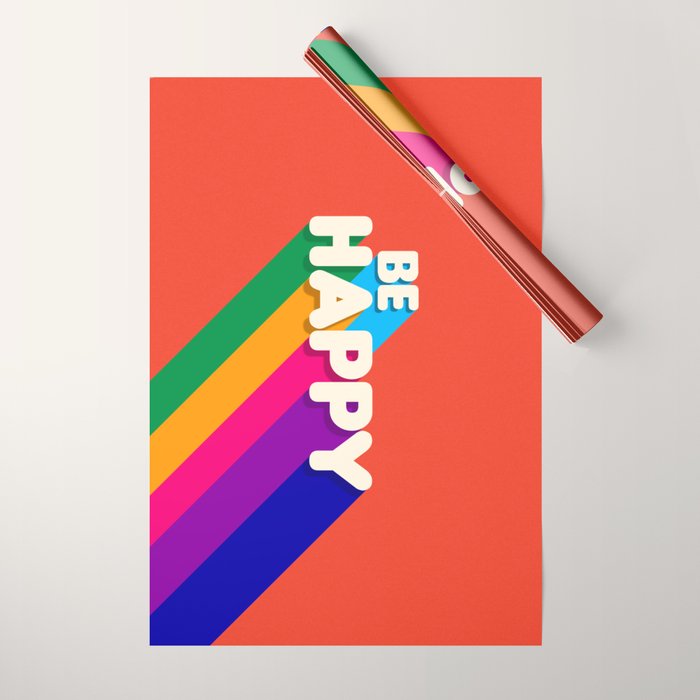 BE HAPPY - rainbow retro typography Wrapping Paper Gallery Image 1