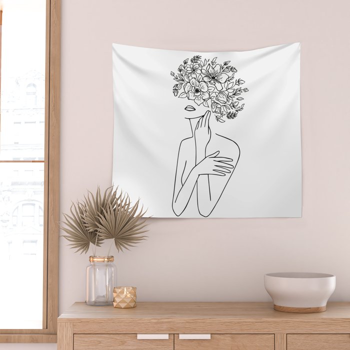 Woman With Flowers Minimal Line Art Wall Tapestry Gallery Image 2