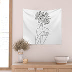Woman With Flowers Minimal Line Art Wall Tapestry Gallery Image 2