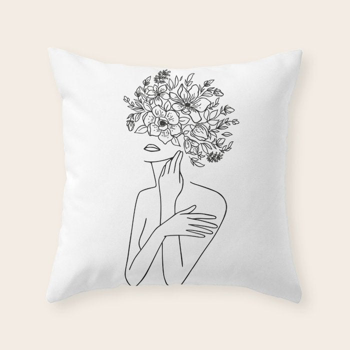 Woman With Flowers Minimal Line Art Throw Pillow Gallery Image 6