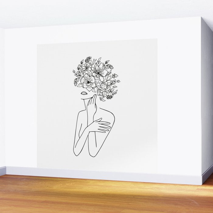 Woman With Flowers Minimal Line Art Wall Mural Gallery Image 2