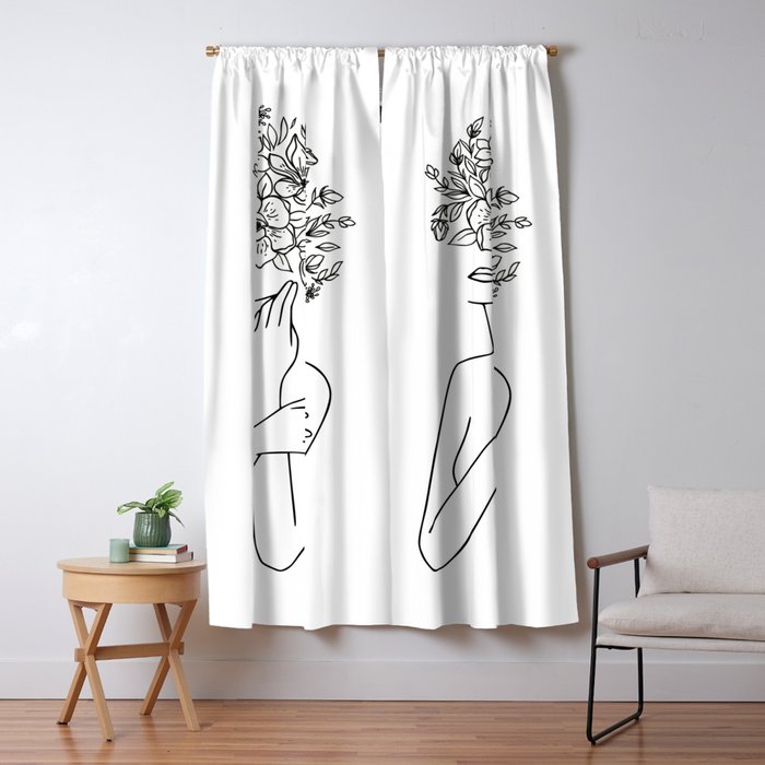 Woman With Flowers Minimal Line Art Window Curtain Gallery Image 5