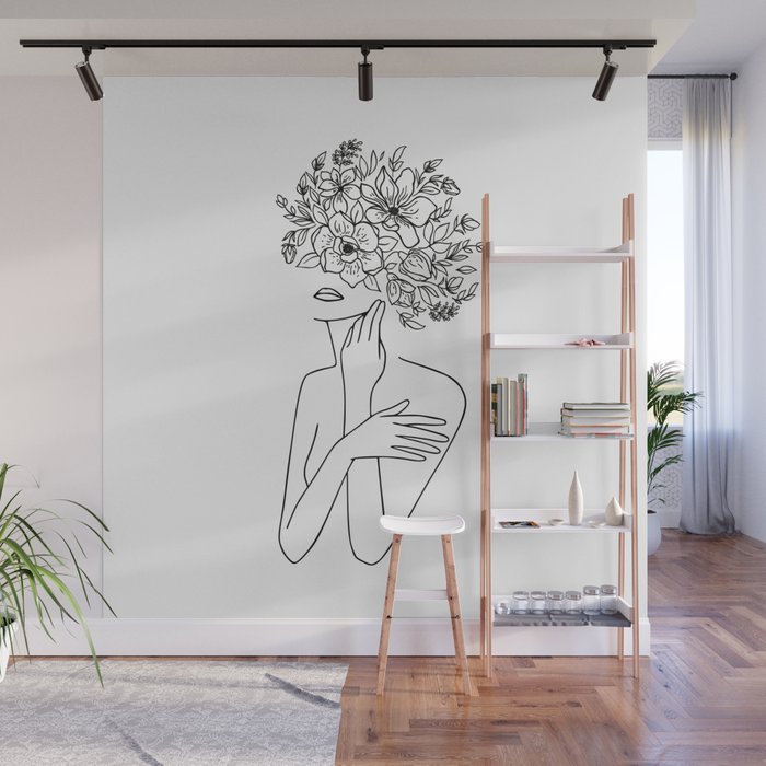 Woman With Flowers Minimal Line Art Wall Mural Gallery Image 1