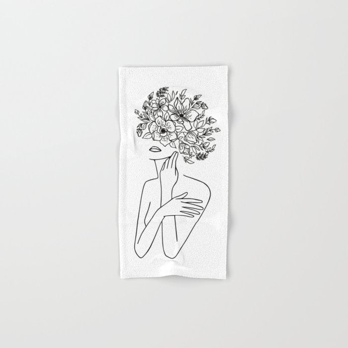 Woman With Flowers Minimal Line Art Bath Towel Gallery Image 1