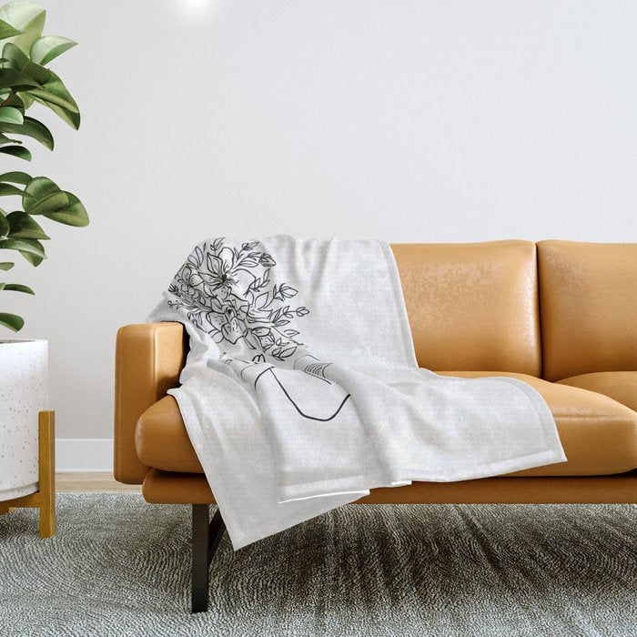 Woman With Flowers Minimal Line Art Throw Blanket Gallery Image 1