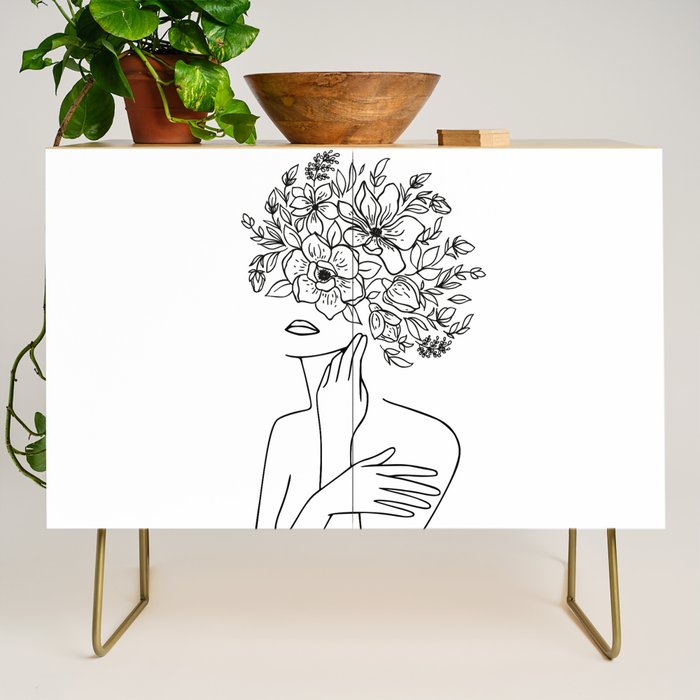 Woman With Flowers Minimal Line Art Credenza Gallery Image 1