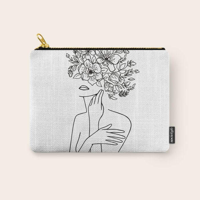 Woman With Flowers Minimal Line Art Carry All Pouch Gallery Image 1