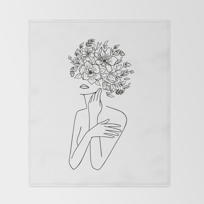 Woman With Flowers Minimal Line Art Throw Blanket Gallery Image 2