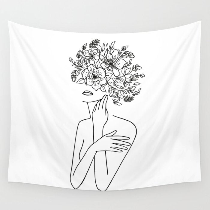 Woman With Flowers Minimal Line Art Wall Tapestry Gallery Image 4