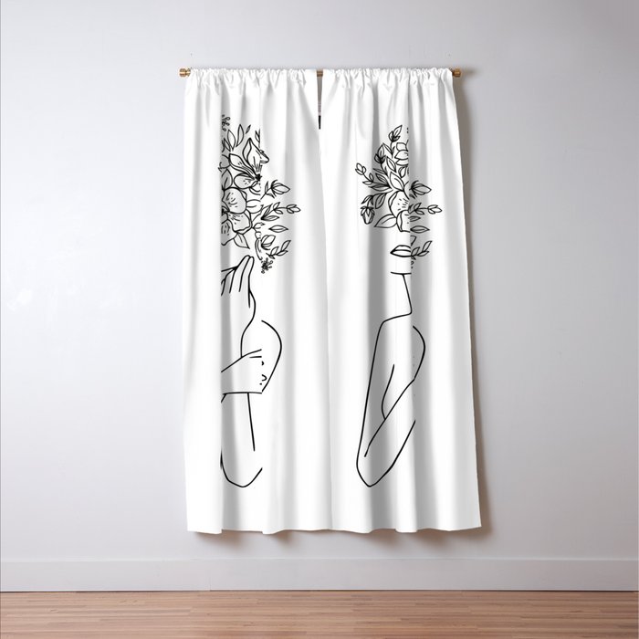 Woman With Flowers Minimal Line Art Window Curtain Gallery Image 3
