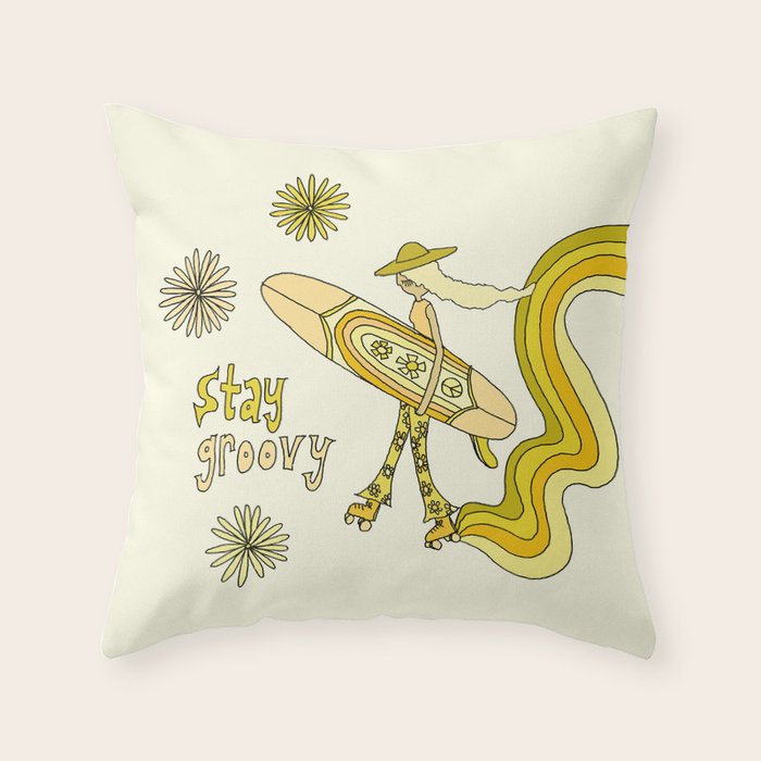 stay groovy rollerskate // retro surf art by surfy birdy Throw Pillow Gallery Image 6
