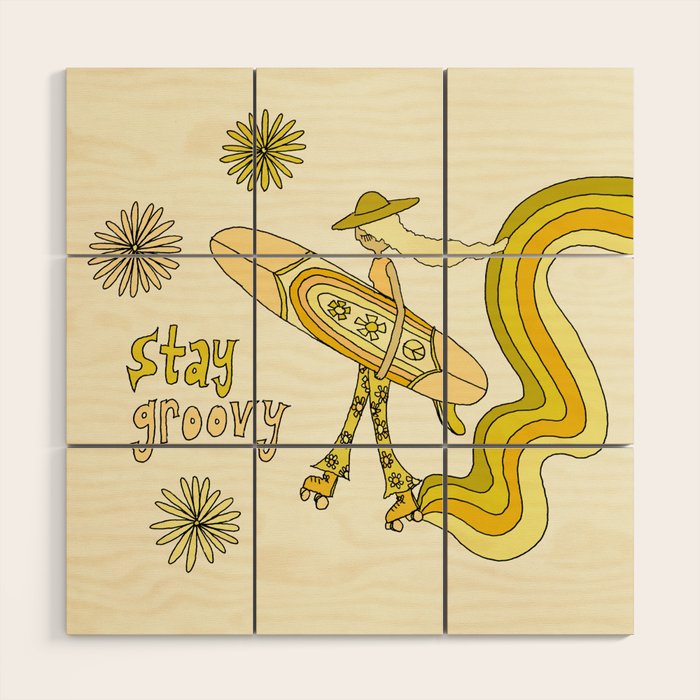 stay groovy rollerskate // retro surf art by surfy birdy Wood Wall Art Gallery Image 1