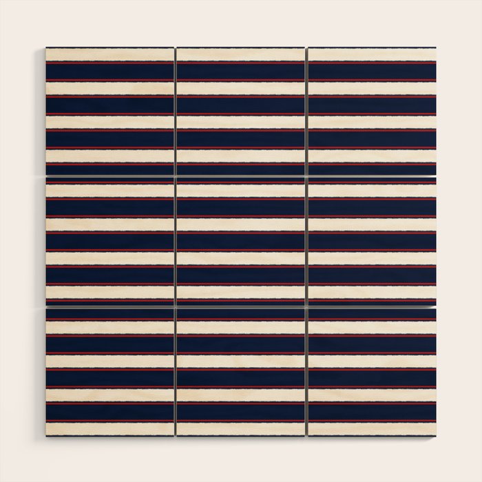 Nautical Navy Blue Red White Rough Stripes Pattern Wood Wall Art Gallery Image 1