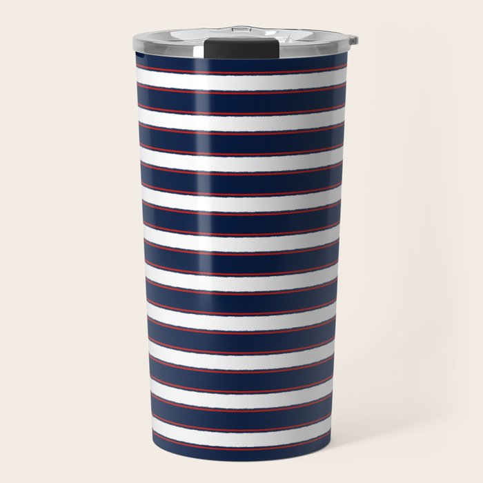 Nautical Navy Blue Red White Rough Stripes Pattern Travel Mug Gallery Image 1