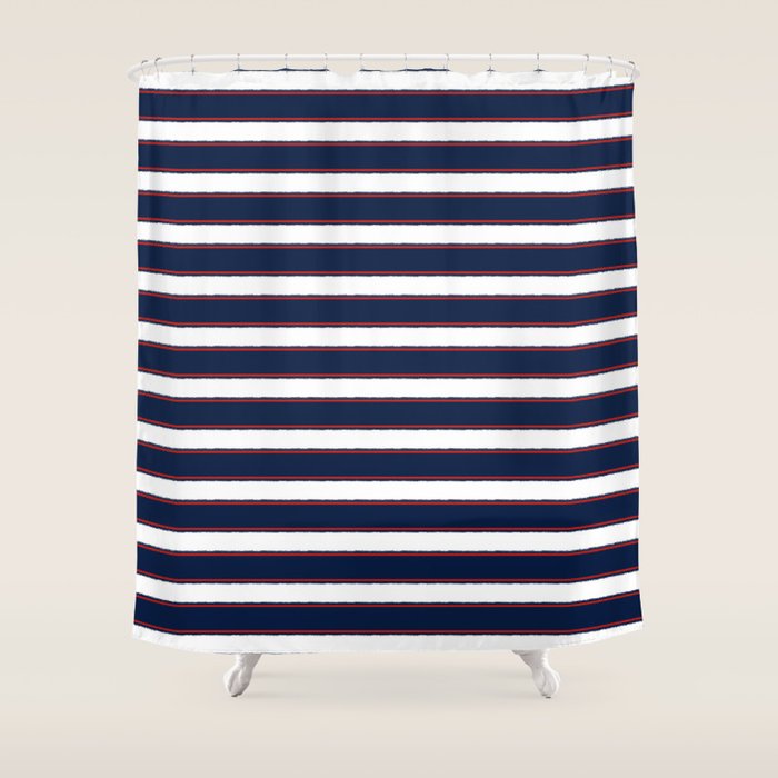Nautical Navy Blue Red White Rough Stripes Pattern Shower Curtain Gallery Image 1