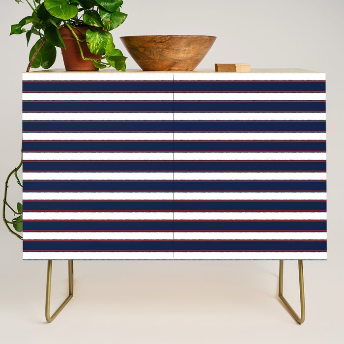 Nautical Navy Blue Red White Rough Stripes Pattern Credenza Gallery Image 1