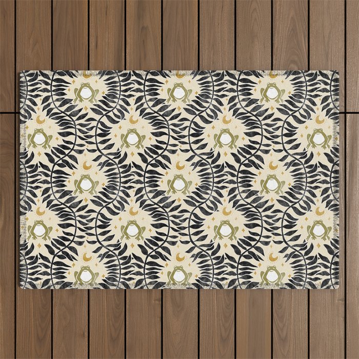 Froggie Ogee - black, moss green, and cream Outdoor Rug Gallery Image 1