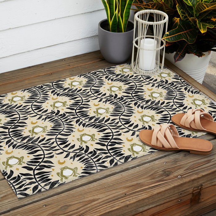 Froggie Ogee - black, moss green, and cream Outdoor Rug Gallery Image 2