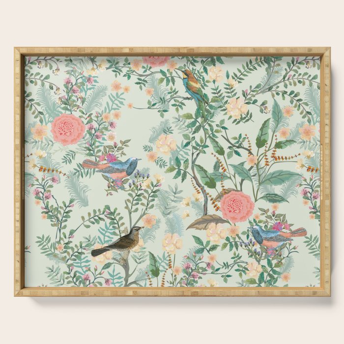 Chinoiserie Mint Green Pink Fresco Floral Garden Oriental Botanical  Serving Tray Gallery Image 1