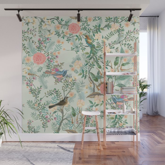 Chinoiserie Mint Green Pink Fresco Floral Garden Oriental Botanical  Wall Mural Gallery Image 1
