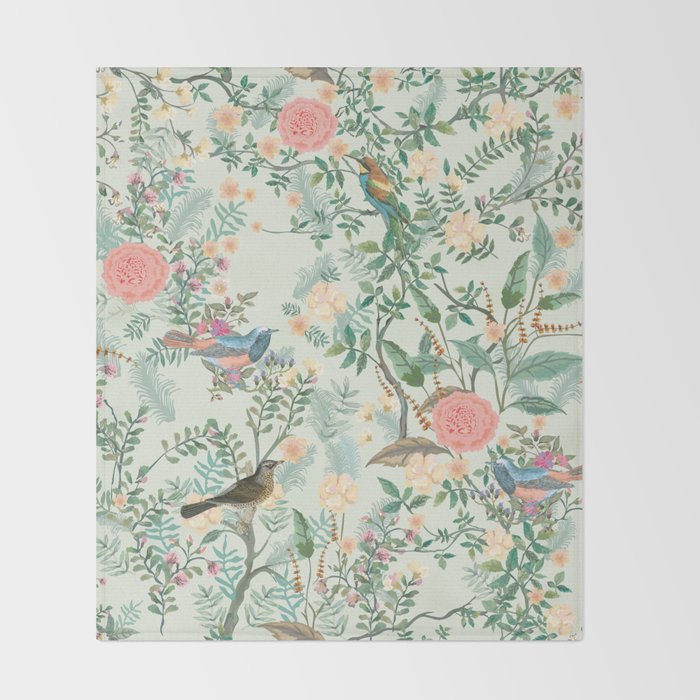 Chinoiserie Mint Green Pink Fresco Floral Garden Oriental Botanical  Throw Blanket Gallery Image 2