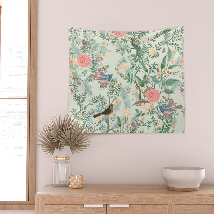 Chinoiserie Mint Green Pink Fresco Floral Garden Oriental Botanical  Wall Tapestry Gallery Image 2